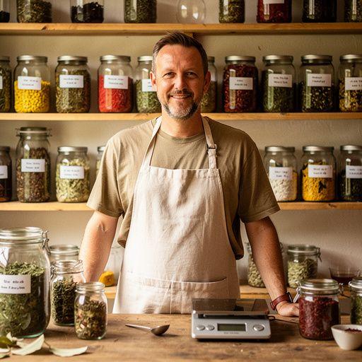 Šalica mirisnog biljnog čaja na drvenom stolu uz svježe bilje.